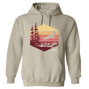 Adult Hood with Eagle Flying Over Mountains and Town name