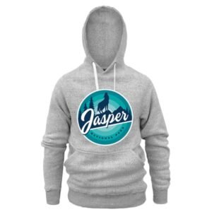 Adult Hood with Howling Wolf on Mountain with Trees in Circle and Town Name.