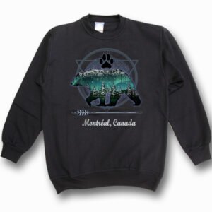 Adult Crewneck Sweat with Grizzly Bear with Paw Northern Lights Design and Town Name