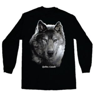 Youth long sleeve T-Shirt with Wolf Head on Black Design with Town Name.