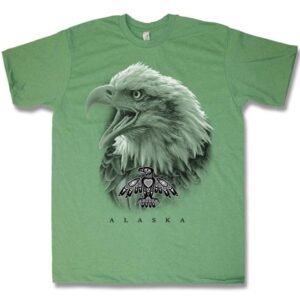 Adult Heather T-Shirt with Eagle Haida Head Design with Town Name.